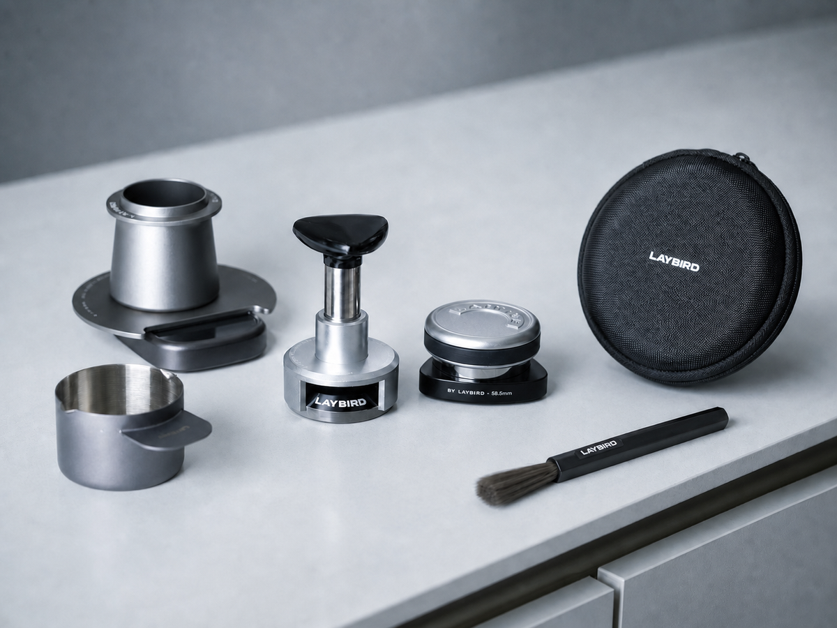 LAYBIRD Complete Barista Kit with MagAttach scale, TriSpin distributor, TriPress tamper, storage bag and coffee brush