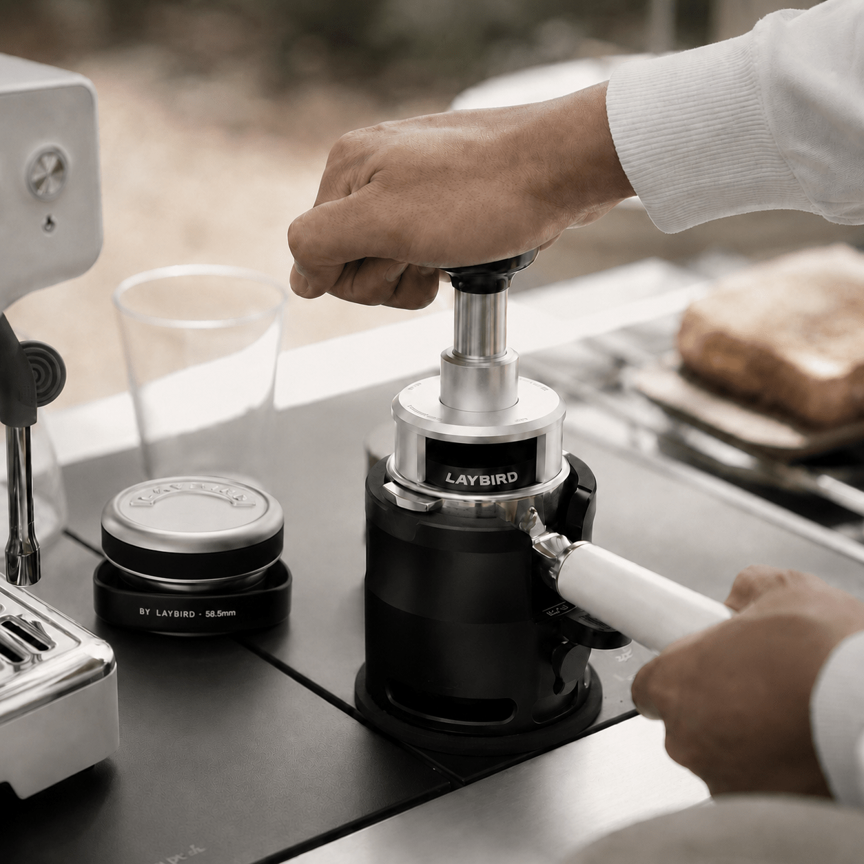TriPress Pressure Tamper in an espresso setup for consistent puck prep