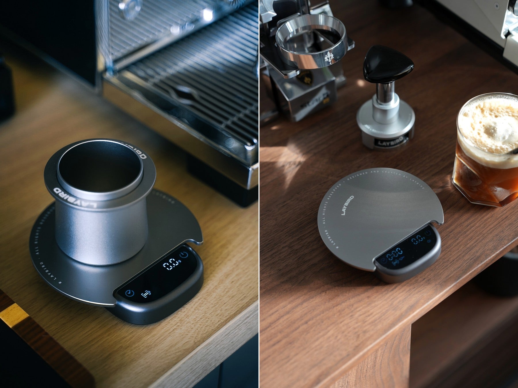 LAYBIRD MagAttach coffee scale with magnetic dosing cup for weighing coffee beans