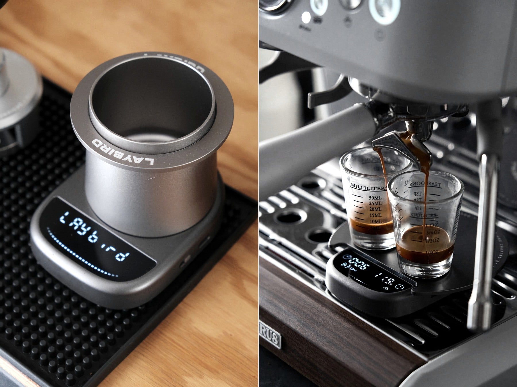 LAYBIRD MagAttach coffee scale with magnetic dosing cup and illuminated digital display