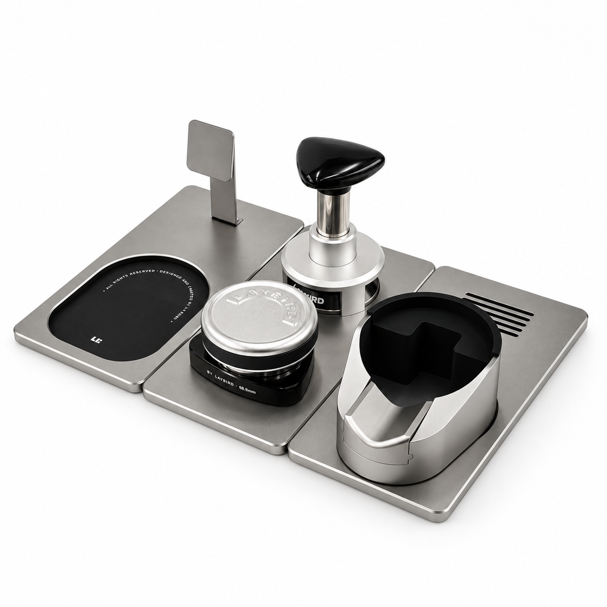 Three-quarter view of Prep Studio Plus with TriPress and TriSpin on the tool base beside an empty MagAttach Scale Dock and a portafilter tamping support.