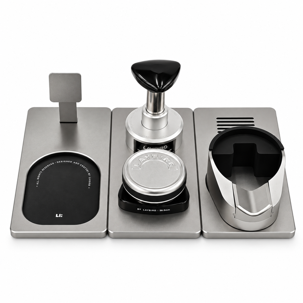 Prep Studio Plus espresso bundle on white with TriPress tamper, TriSpin distributor, tamping station, tool base and an empty MagAttach Scale Dock.
