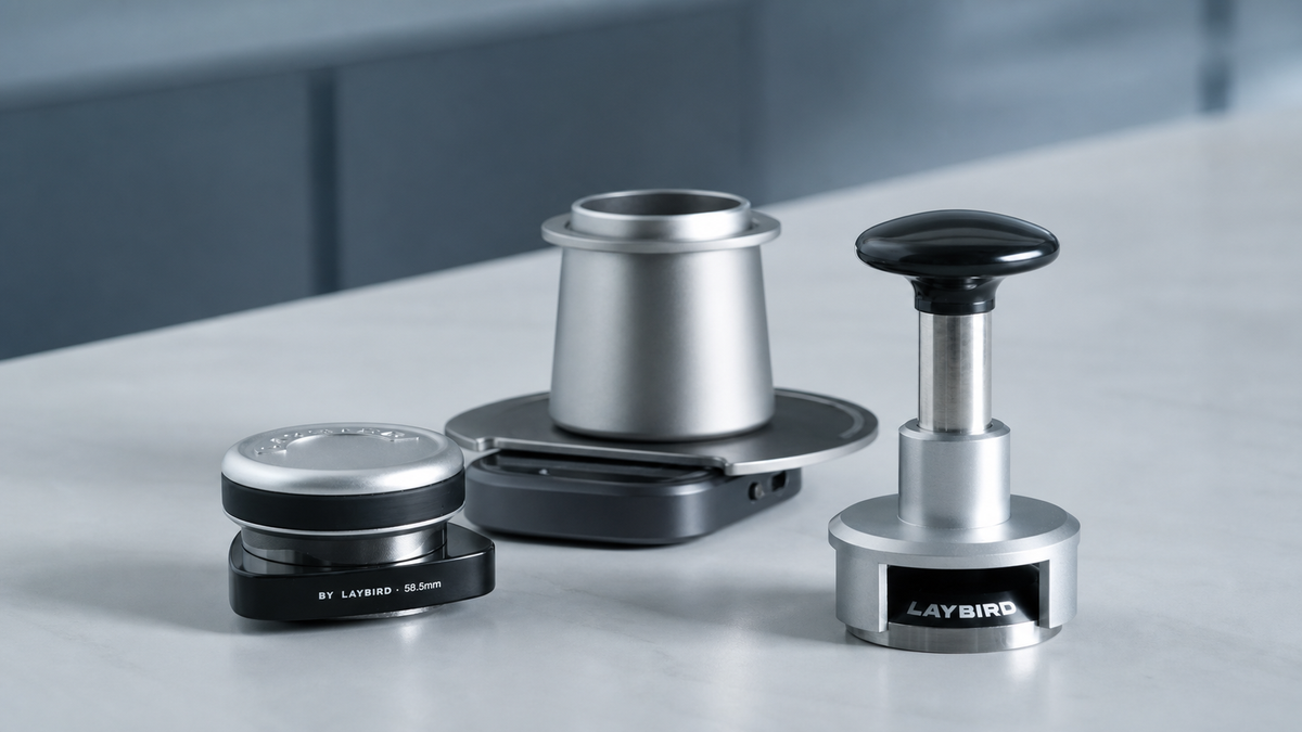 LAYBIRD MagAttach scale, TriSpin distributor and TriPress tamper for espresso preparation