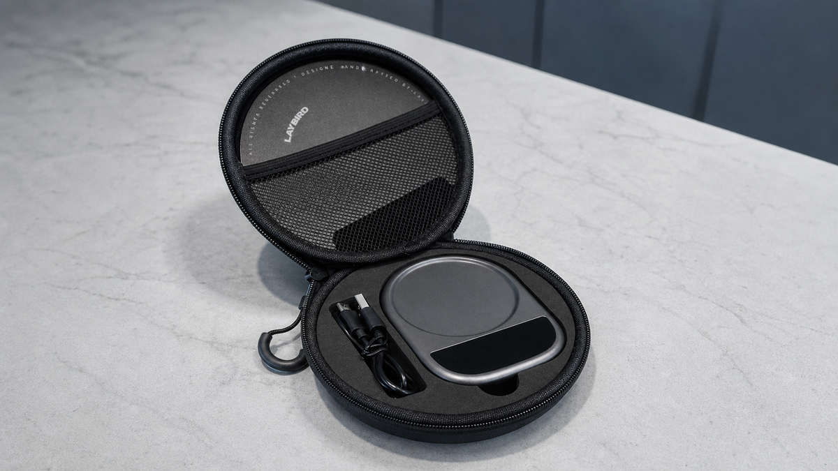 LAYBIRD MagAttach coffee scale and USB-C cable organized inside the storage bag