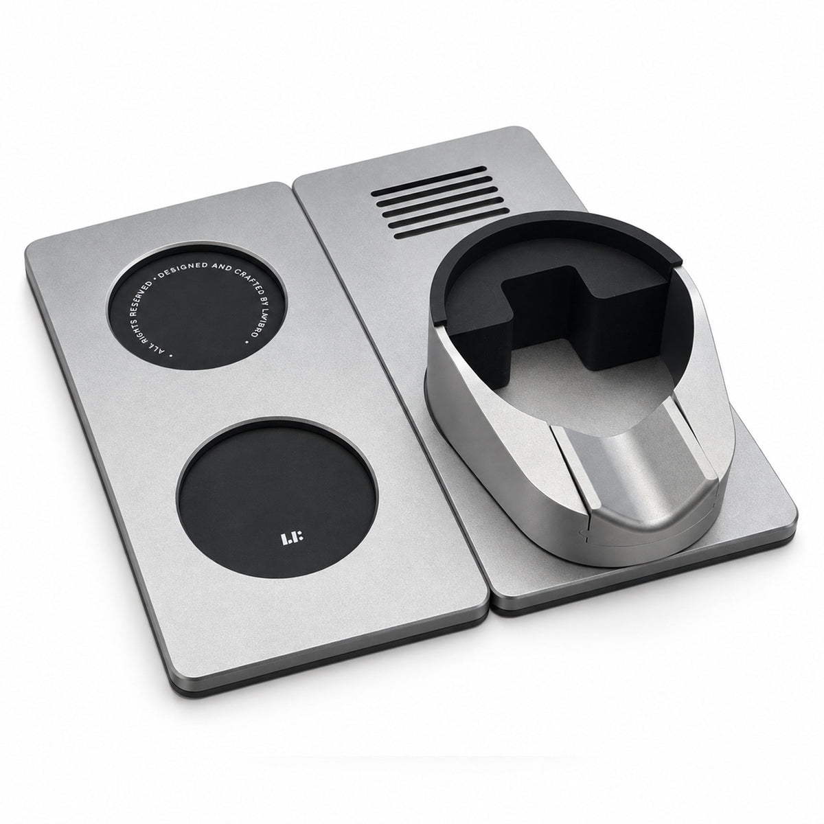 Three-quarter view of the two-module MagHub Puck Prep Base Set, without coffee tools.