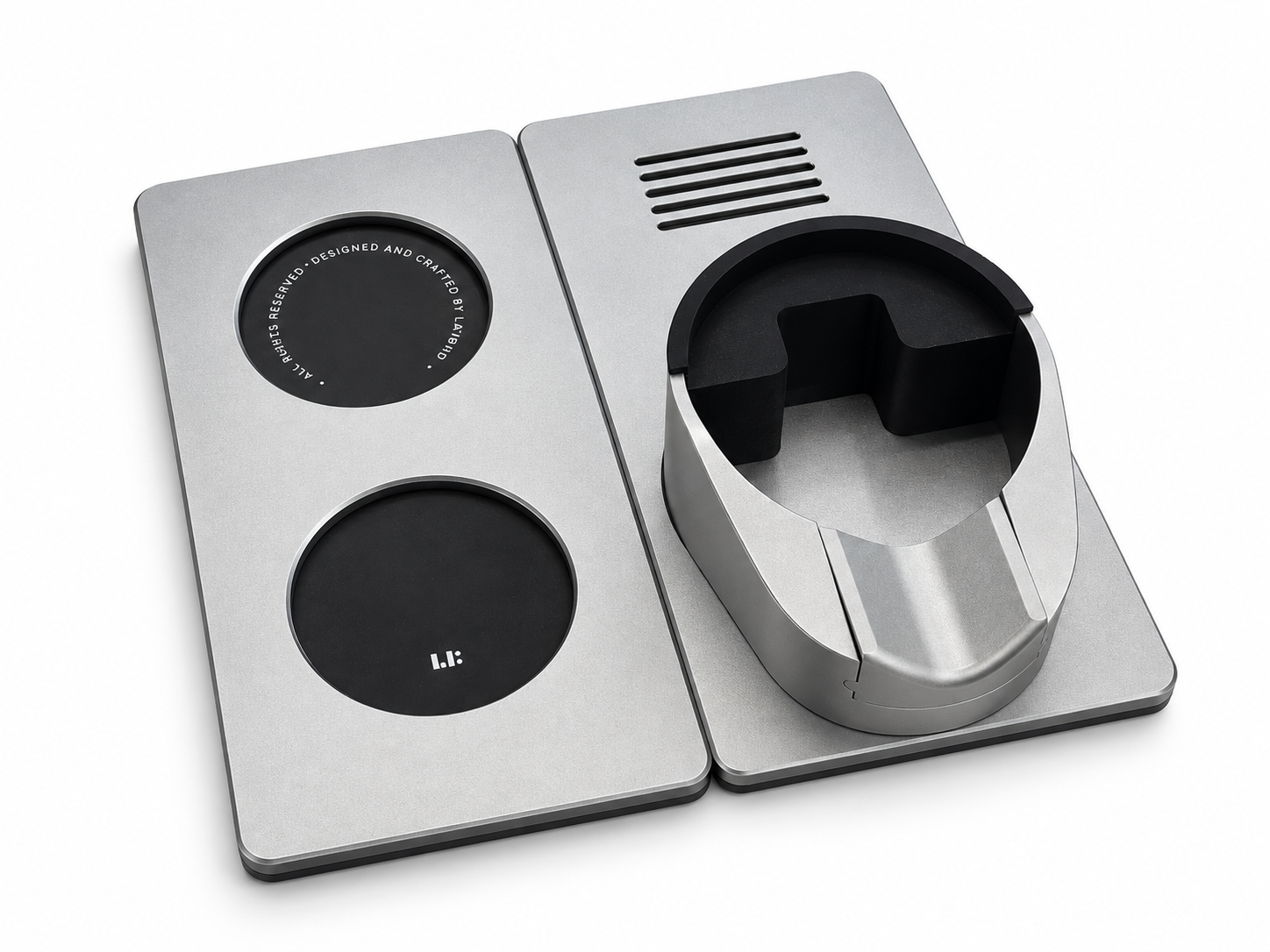 Three-quarter view of the two-module MagHub puck prep set without coffee tools